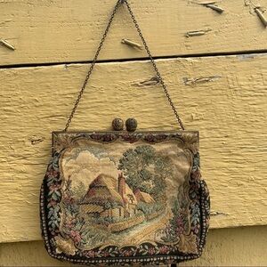 Antique French Tapestry Evening Bag Purse Floral